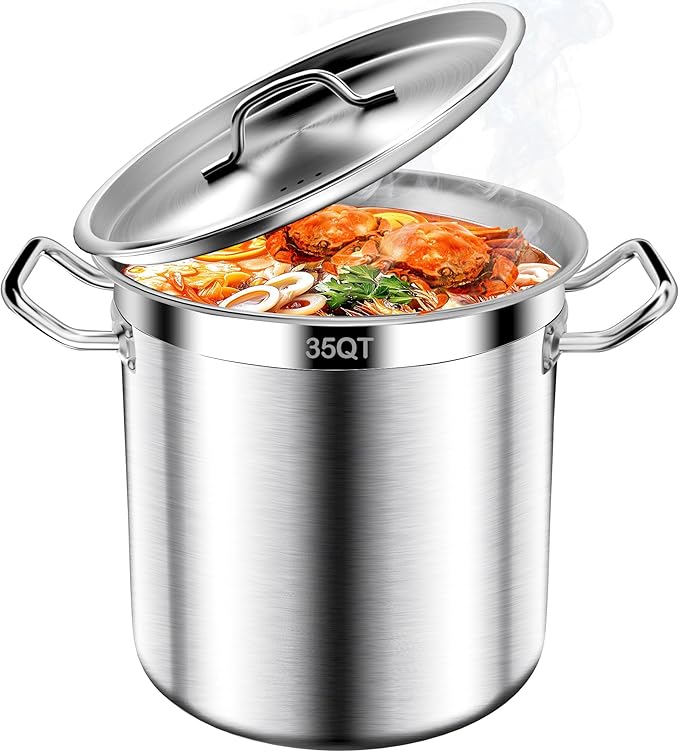 Large Stock Pot-35QT Stainless Steel Stockpot with Lid, Heavy Duty Tri-Ply Bottom Commercial Grade Stock Pot & Stockpots for Boiling Cooking Soup Stew Canning Cooking Pots, Cookware Sauce Pot