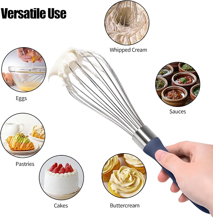 18/8 Stainless Steel Balloon Whisk, Doosu Kitchen Whisk for Cooking Handheld Egg Beater with Rust-Proof Sturdy Wires & Non-Slip Silicone Handle for Beating, Stirring, Blending (8 Wires, Navy Blue)