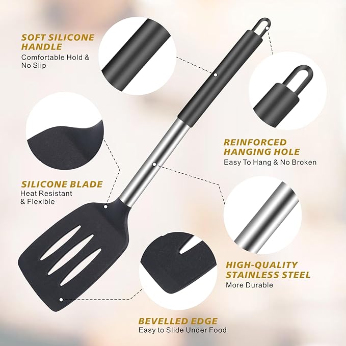 Silicone Kitchen Cooking Utensils Set 5-Piece BPA-Free Heat-Resistant Non-Stick & Dishwasher-Safe, with Slotted/Solid Spoons & Spatulas for Frying,Draining – Includes Multi-Purpose Serving Hook(Black)