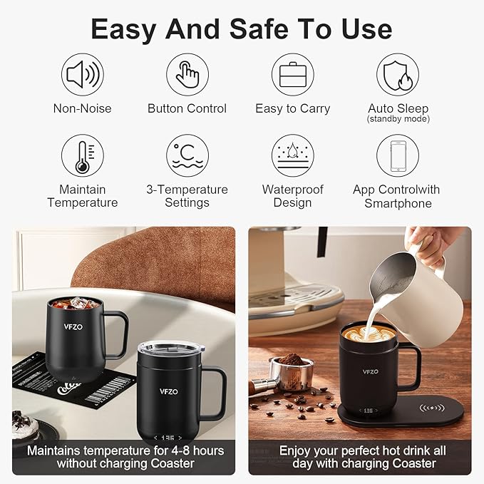 16Oz Temperature Control Smart Mug, Self Heating Coffee Mug LED Display, 180 Min Battery Life - Hot up to 149℉ Fast Wireless Charger Base Improved Design coffee serving sets mug(16oz, Coffee)