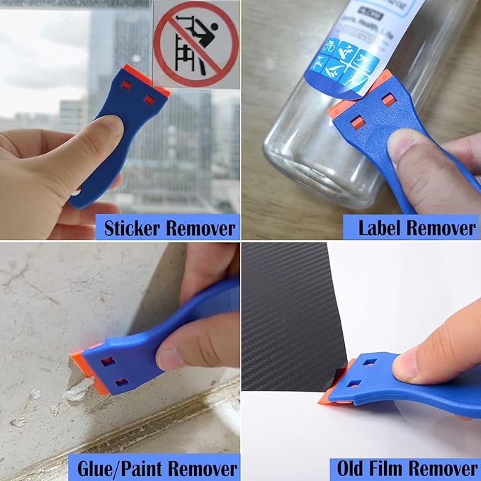 EHDIS 1.5" Plastic Razor Scraper with 10pcs Double Edged Plastic Blades for Removing Labels Stickers Decals on Glass Windows