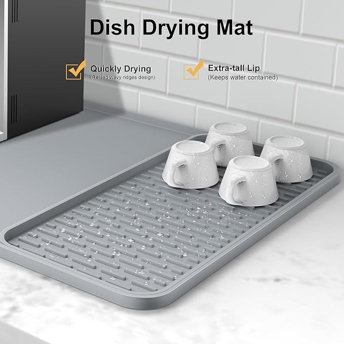 Silicone Coffee Mat,16'' x 16'' Coffee Bar Mat with Detachable Dish Drying Mat for Kitchen Countertops,Coffee Bar Accessories Fit Under Coffee Maker Coffee Machine Espresso Machine Dish Rack