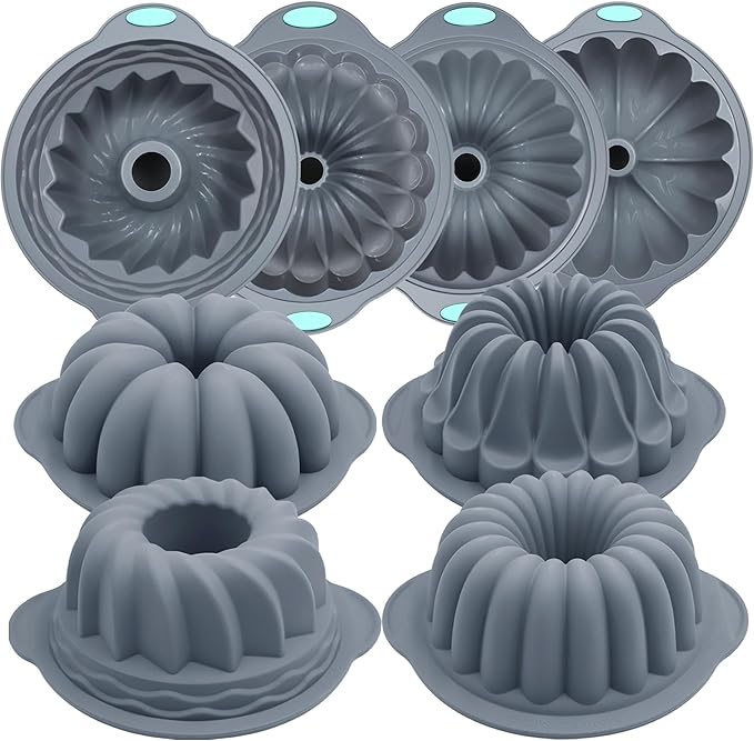 Tongjude 4 Pieces Silicone Fluted Tube Cake Pans, 10 Cups Tube Baking Pan, Jello Mold, Silicone Molds for Homemade Cake, Bread and Jello, Non-Stick, Grey