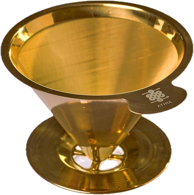 ATHIA Golden Stainless Steel Reusable Coffee Filter, Pour Over Cone Dripper with Fine Mesh, Paperless & Eco-Friendly Design, Fits Most Mugs, Carafes & Coffee makers (Golden, Standard)