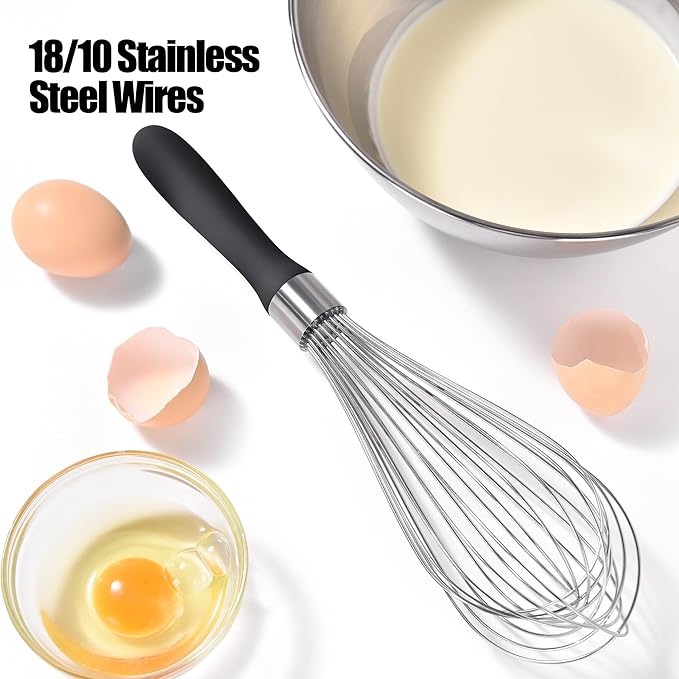 18/8 Stainless Steel Balloon Whisk, Doosu Kitchen Whisk for Cooking Handheld Egg Beater with Rust-Proof Sturdy Wires & Non-Slip Silicone Handle for Beating, Stirring, Blending (12 Wires, Black)