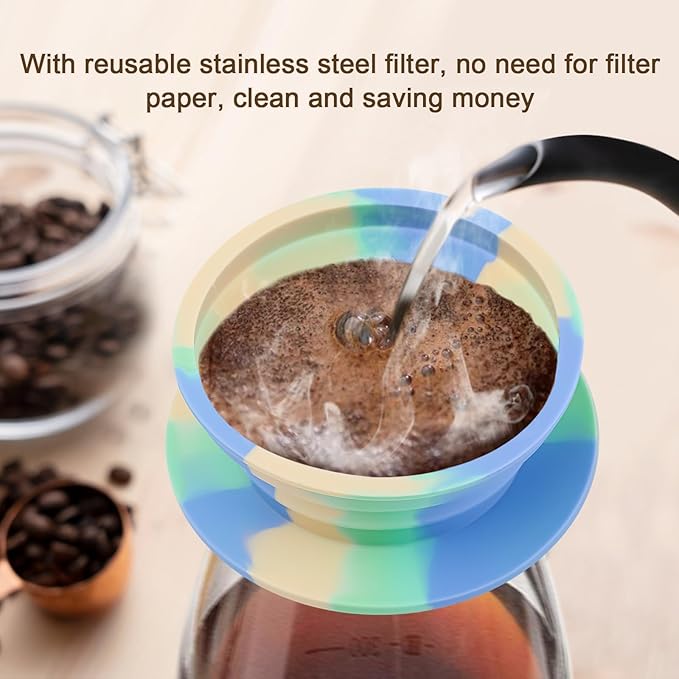 Collapsible Travel Pour Over Coffee Dripper Kit Single Cup, Paperless Camping Pour Over Coffee Maker with Metal Filter, Backpacking Manual Coffee Maker for Camping Coffee