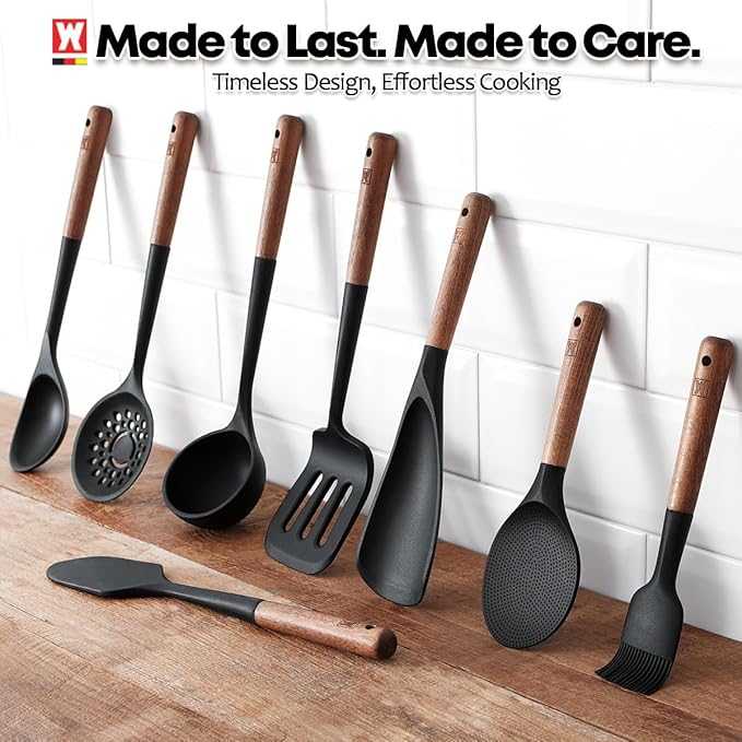 Silicone Head cooking & Serving Spoon + Slotted Spatula Set: Cookling Utensil with Long Wooden Handles, Heat Resistant Cookware, Protects Surfaces with Gentle Head Design