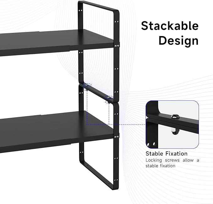 Expandable Cabinet Shelf Organizer, Stackable Kitchen Pantry Counter Storage, Adjustable Cupboard Stand Rack Risers Spice Organization Heavy Duty Black Small 3 Pack