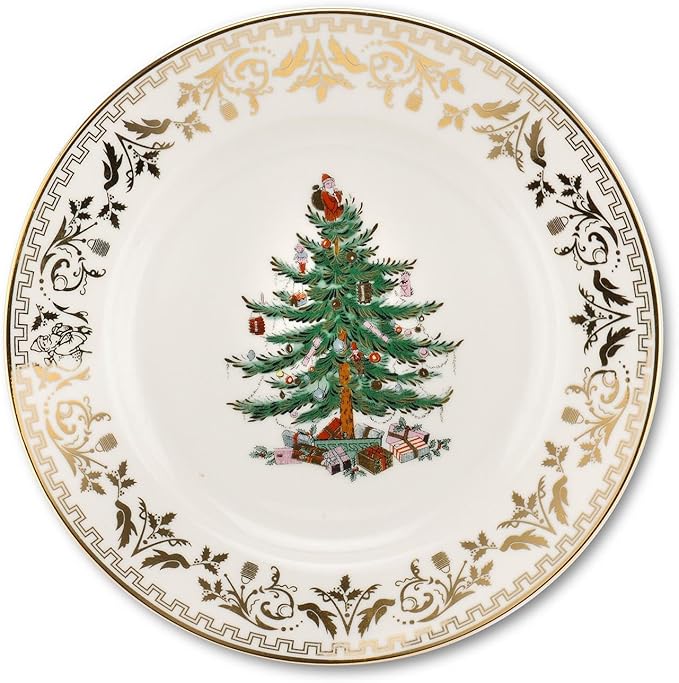 Spode Christmas Tree Gold Salad Plate, 8-Inch Porcelain Dinner & Appetizer Plate, Christmas Dinnerware, Microwave & Dishwasher Safe, Festive Collectible Seasonal Dining Plate