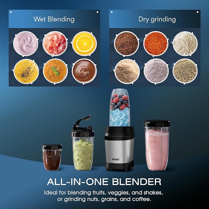 Nahida Blender for Smoothies, 1200W Smoothie Blender for Ice Crushing, Blenders with (2) 6-Fin Blades, Personal Blenders for Kitchen with 23oz, 32oz, 37oz Easy Go Cups for Juices, Silver