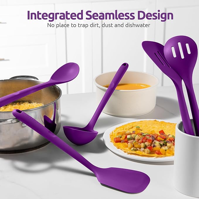 Silicone Kitchen Cooking Utensil Set: U-Taste 600ºF Heat Resistant 13.6in Extra Long Kitchen Tools, Food-Grade Non-Stick Spatula Turner Spoon Ladle for Stir Frying, Serving, Mixing (5 Pieces, Purple)
