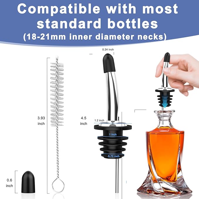 36-Pack Stainless Steel Pour Spouts for Liquor Bottles, Oil, Vinegar, and Wine – Liquor Bottle Pourers with Rubber Dust Caps – Bar Pourers for Bartending