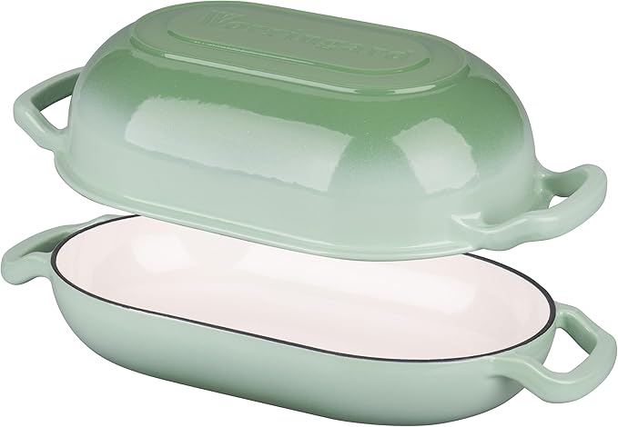 Enameled Cast Iron Sourdough Bread Oven, Dutch Oven, Loaf Cast Iron Bread Pan for Homemade Bread Baking, Meatloaf Pan with Lid, 7QT, Green