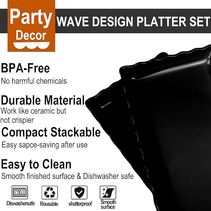 KAQAHIDO 17" x 8" x 1.5" Black Serving Tray Set, Wave Edge Melamine Platters for Cookie, Appetizer, Charcuterie, Snack, Dessert, Party Food Display, Stackable, Set of 2
