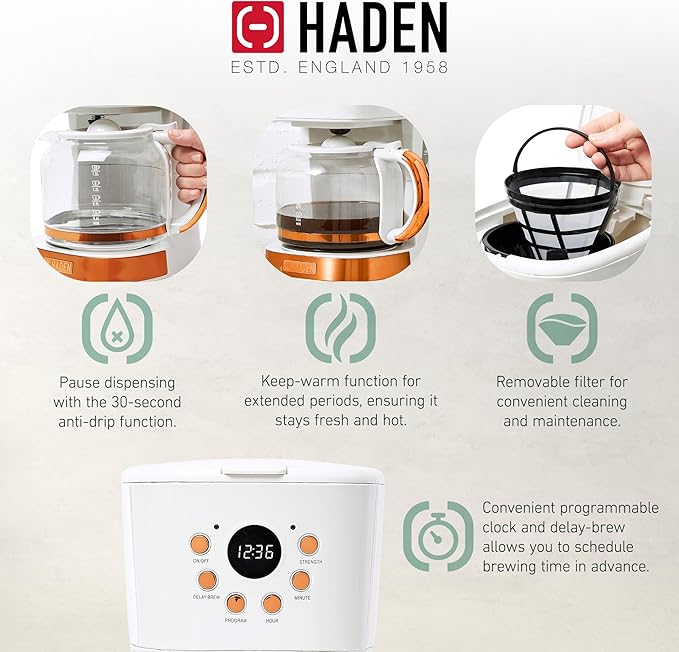 Haden Heritage 2 Slice Wide Slot Stainless Steel Toaster Bundled with 12 Cup Programmable Drip Coffee Maker Coffee Machine, Ivory & Copper