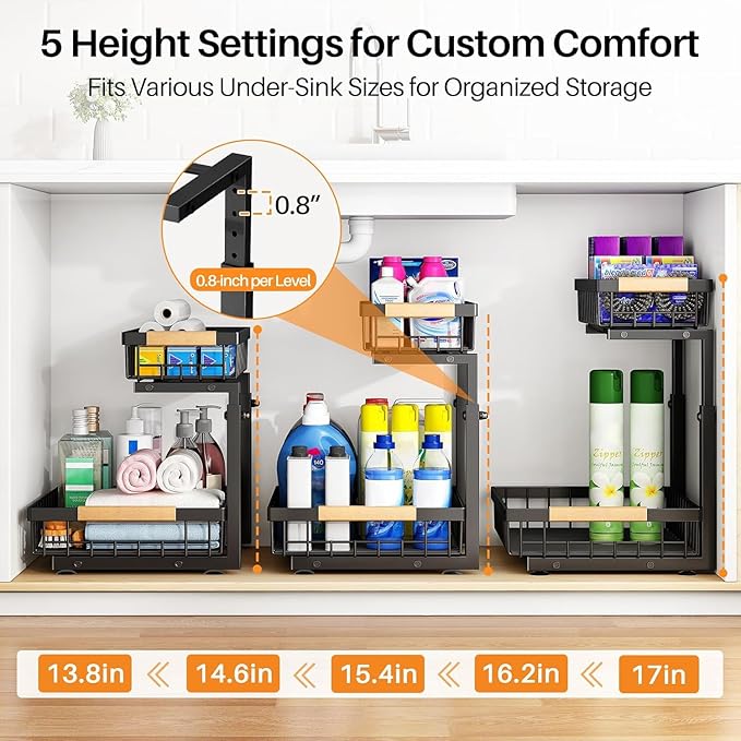 PXRACK Large Under Sink Organizer, Adjustable Height, 2-Tier Slide Out,Thickened Metal Shelf Under Sink Storage for Kitchen, Bathroom, Cabinet,Pantry,Black,1 PACK,Small Space-saving