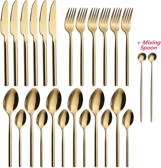 24 Piece Silverware Set For 6 Gold Heavy duty 18/10 Stainless Steel Flatware Set Modern Design Knife/Fork/Spoon Mirror Polished Dishwasher Safe Cutlery Set with Gifts