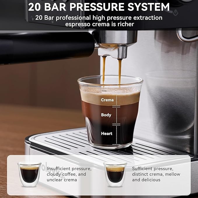 Espresso Machine 20 Bar, Professtional Espresso Coffee Maker with Milk Frother Steam Wand for Latte, Cappuccino, Espresso Maker with 1.8L Removable Water Tank, Gift for Dad or Mom