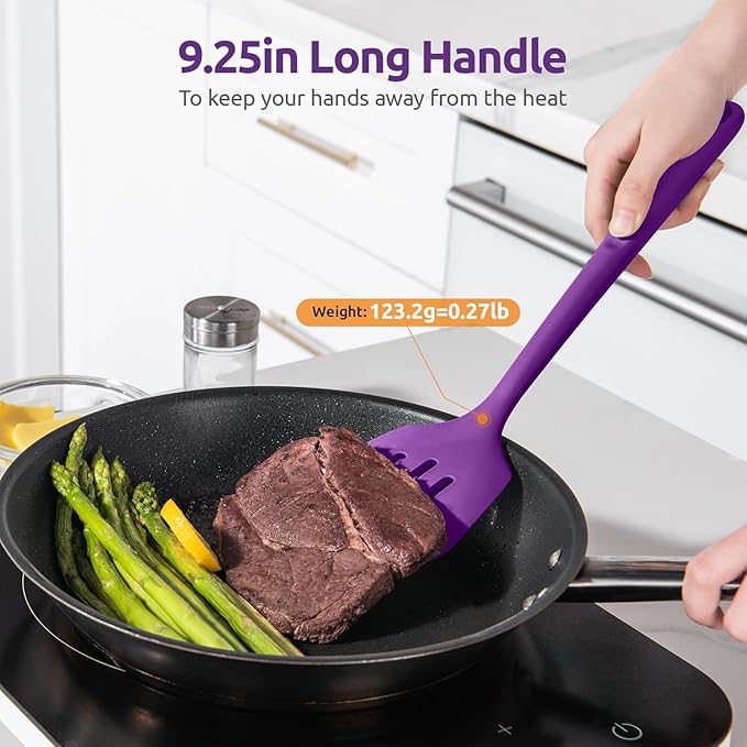 600ºF Heat Resistant Slotted Turner: U-Taste 13.6in Silicone Kitchen Spatula Flipper, 3.74in Wide Food Grade Flexible Thin Rubber Cooking Utensil for Egg, Pancake, Cookie in Nonstick Cookware (Purple)