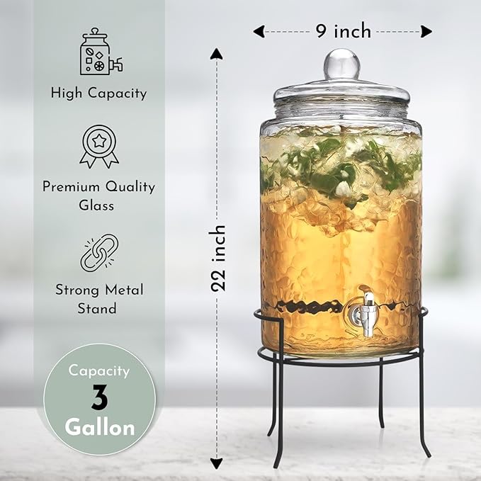 HC Classic Hammered Glass Ice Cold Beverage Drink Dispenser - 3 Gallon, With Glass Lid and Antique Metal Stand, 100% Leak Proof Spigot- Wide Mouth Easy Filling For Outdoor, Parties & Daily Use