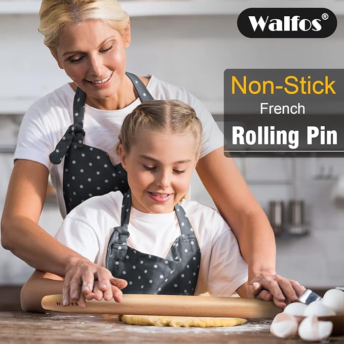 WALFOS French Rolling Pin and Silicone Baking Mat Set, Non-Stick Beech Wood Rolling Pin 15.7 Inch and Pastry Mat for Best Pie Crust, Cookie, Pasta and Pizza Dough