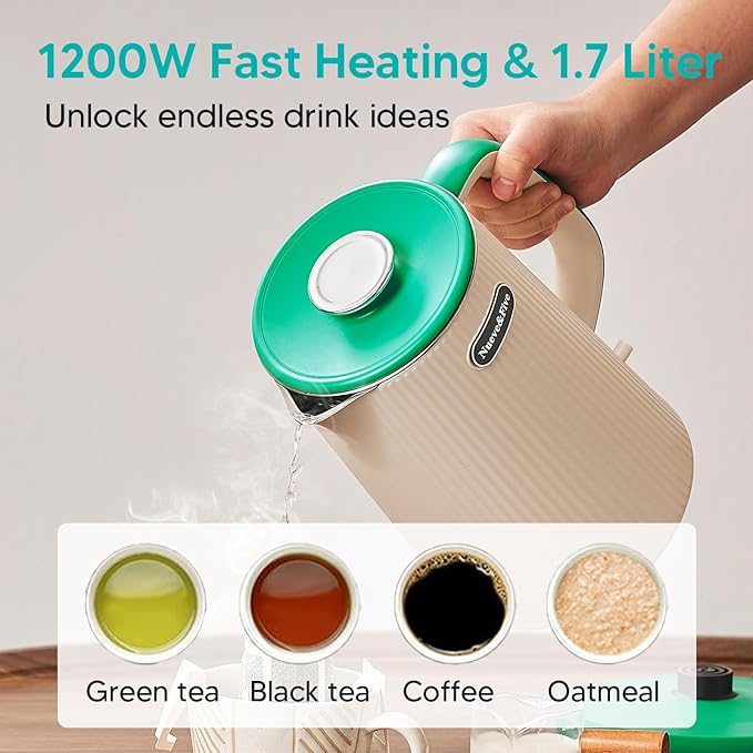 Nueve&Five 1.7L (57oz) Large Electric Kettle Perfect for 7+Cups of Tea and Coffee,2 quarts Double Wall Big Electric Tea Kettle,Auto Shut Off,1200W Hot Water Kettle Electric -Green