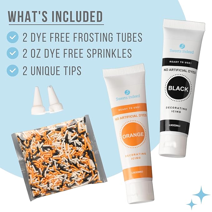 Sweets Indeed Dye-Free Halloween Frosting & Sprinkles Set – 8.22 oz | 2 Frosting Tubes (Orange & Black) + 2 Decorating Tips + 2 oz Sprinkle Mix (Black, Orange & White) | No Artificial Dyes Cupcake & Cookie Decorating Kit