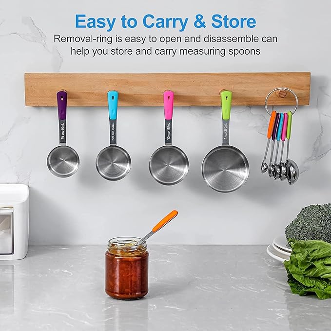 Measuring Cups and Spoons Set, Stainless Steel 11 Piece for Cooking and Baking (6 Cups + 5 Spoons, Colorful Handles)