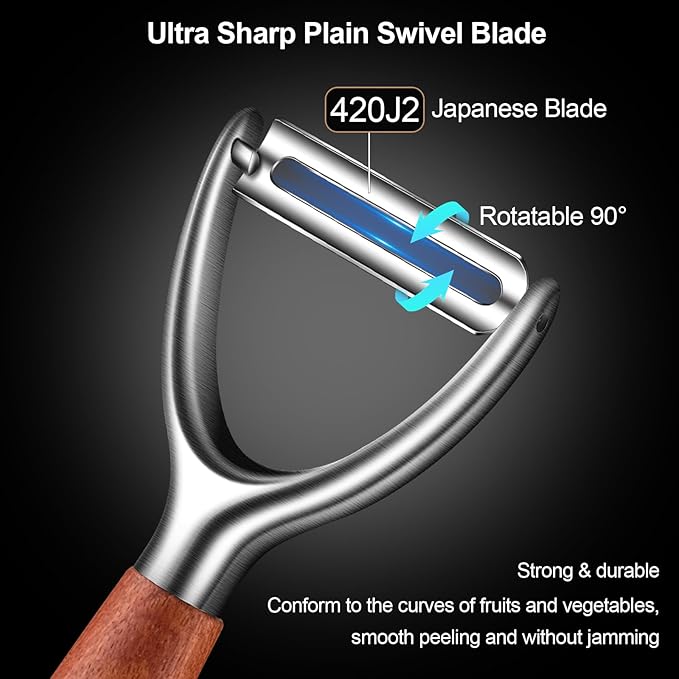 Potato Peelers Stainless Steel, Ultra Sharp Vegetable Peeler for Kitchen, Premium Veggie Fruit Peeler, Rotary Blade Carrot Peelers, Thickened Non-Slip Ergonomic Wooden Handle（5 Years Warranty）