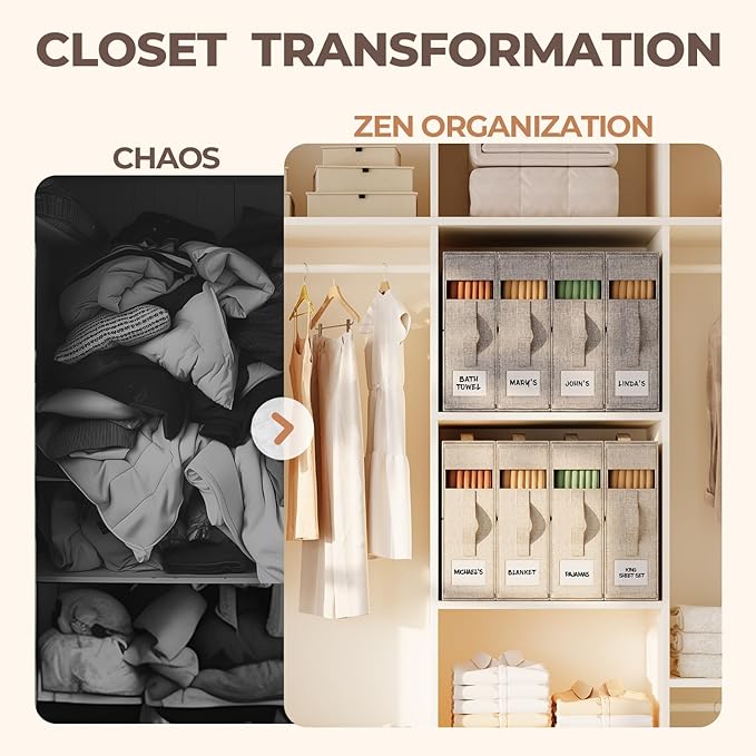 12Pack Sheet Organizers and Storage - King/Queen Size Sheet Storage Organizer with Window, Foldable & Dustproof Sheet Organizer for Linen Closet for Summer Blankets & Sheet Sets,Beige