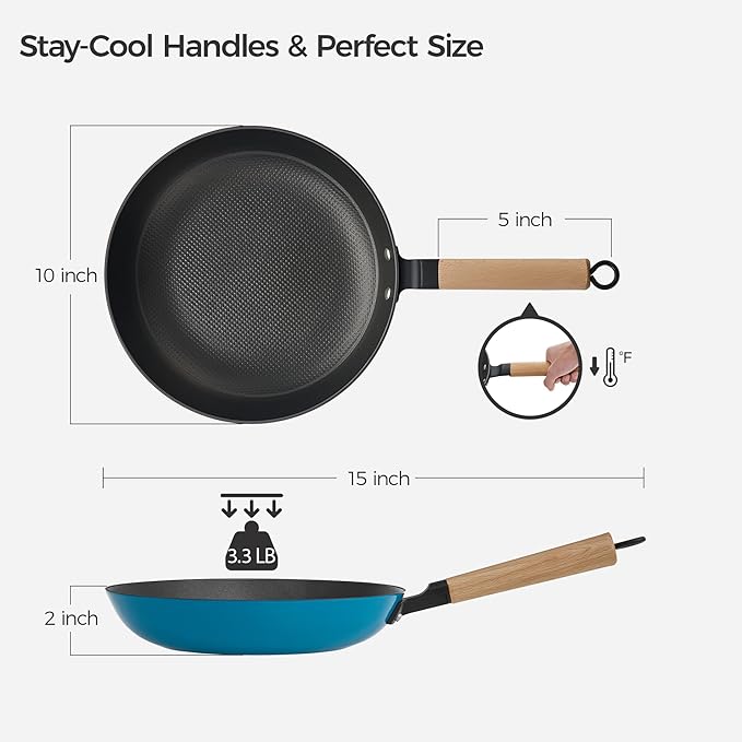 YUTANN 10" Enameled Non-Stick Cast Iron Skillet, Egg Frying Pan with Removable Wooden Handle, PFAS/PFOA Free, Dishwasher & Oven Safe (500°F)