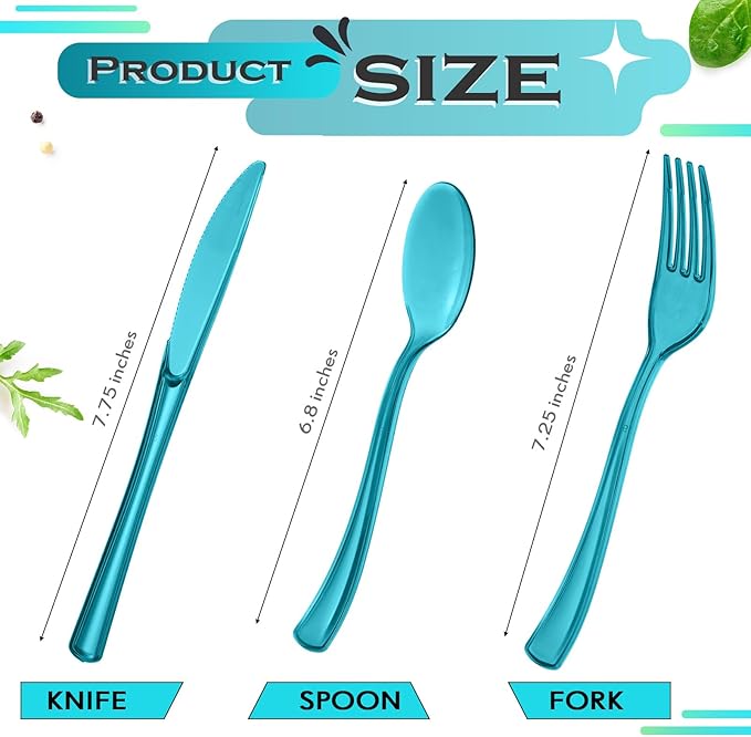 Minatee 150 Pieces Disposable Cutlery Set Plastic Silverware Heavy Duty Utensil Sets 50 Forks 50 Knives 50 Spoons for Home Office School Party Picnics Restaurant Outdoor Events(Peacock Blue)