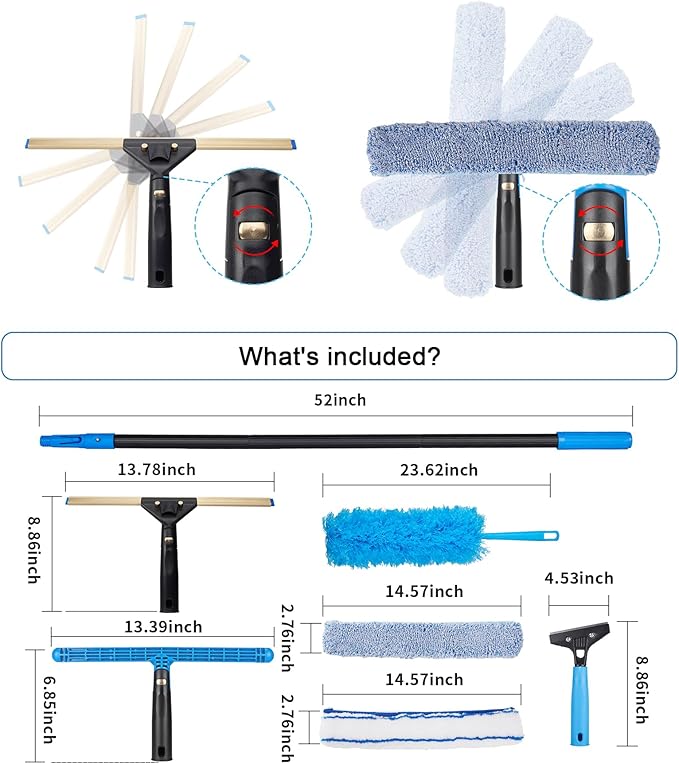 Swivel Squeegee Kit with 4 Extension Poles,Glass Scraper, Bendable Duster, 2 Window Scrubber Cloth for Glass, Car, Floor, Home,Garden