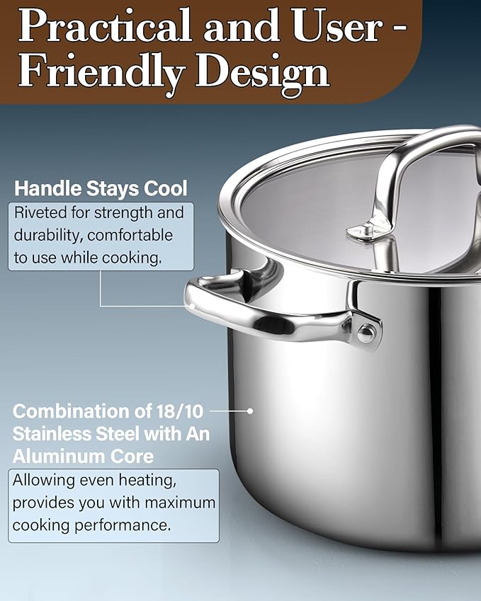 Cook N Home Stainless Steel Stockpot with Lid 7 Quart, Tri-Ply Clad Dutch Oven Soup Pot, Induction Cooking Pot, Silver