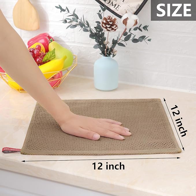 Homaxy 100% Cotton Waffle Weave Kitchen Dish Cloths, Ultra Soft Absorbent Quick Drying Dish Towels, 12 x 12 Inches, 12-Pack, Tan