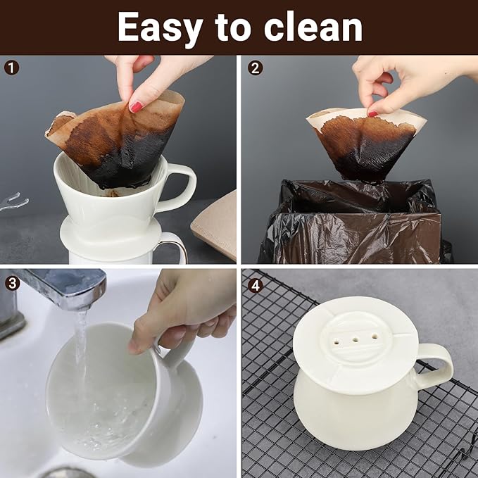 Segarty Pour Over Coffee Maker Set - Single Cup White Ceramic Coffee Dripper With 200 Pcs Size #2 Cone Filters, Slow Drip Manual Brewer for Home, Office, Travel, Camping
