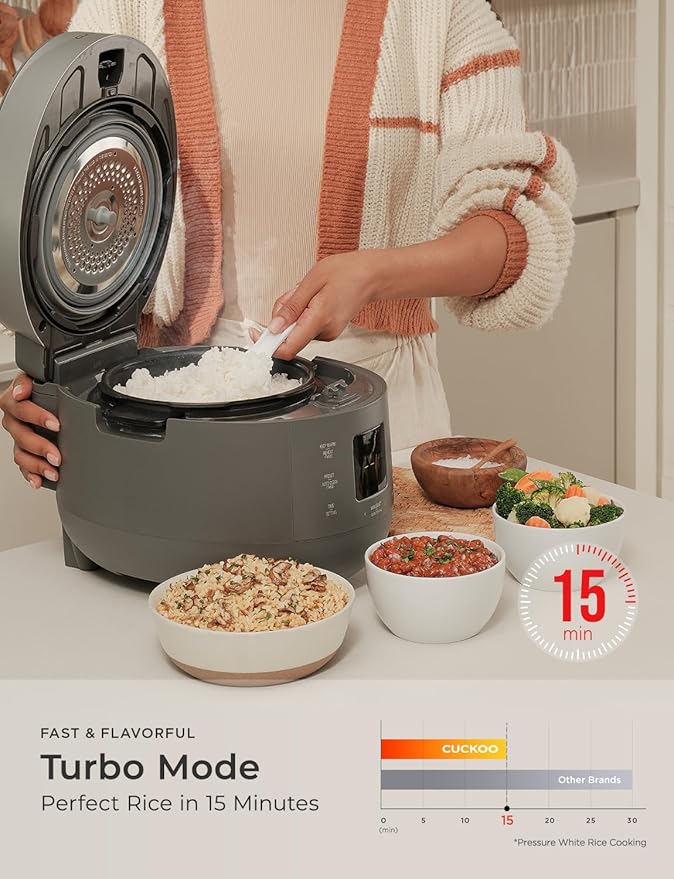 CUCKOO Twin Pressure Rice Cooker 10-Cup Uncooked / 20-Cup Cooked with Nonstick Inner Pot, Large Rice Maker & Warmer with 16 Menu Options, Open Cooking Mode, Voice Guide, Gray (CRP-ST1009FG)