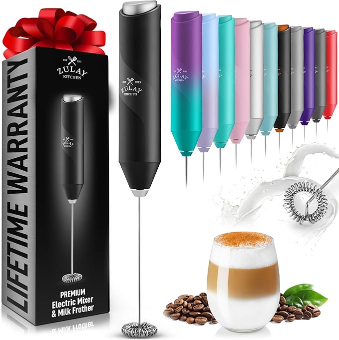 Zulay Kitchen Powerful Milk Frother Wand - Handheld Stainless Steel - Battery Operated Drink Mixer for Coffee, Lattes, Cappuccino, Matcha - Froth Mate Frother Gift - Black