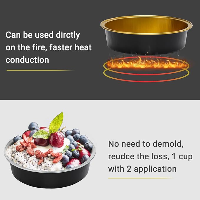 Beasea Aluminum Cupcake Pans With Lids, 4 Inch 50 Pack Disposable Pie Pans For Cake, 8 Oz Aluminum Pie Pan Tin Black Golden Tart Pans Round Oven Baking Mini Cake Pan For Pie Tart Quiche
