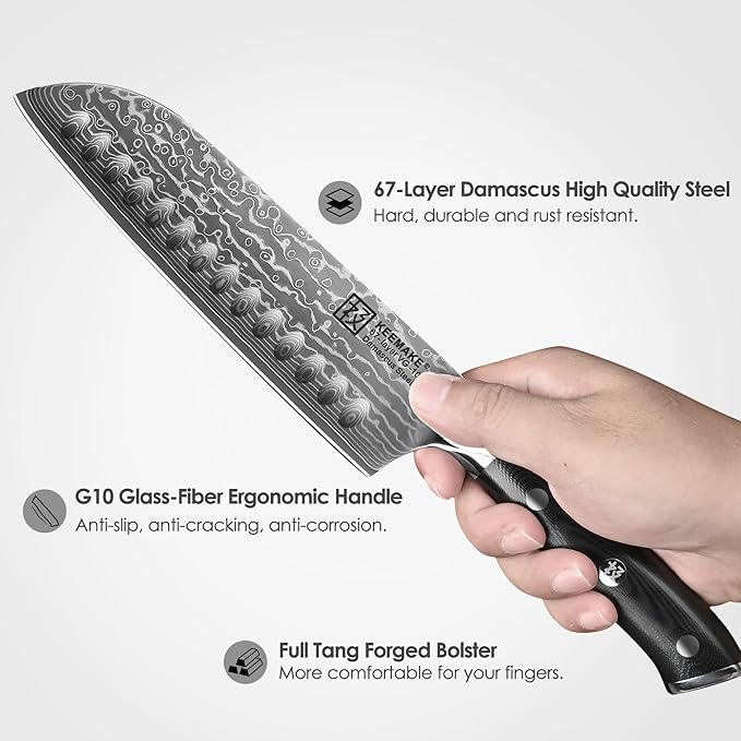 KEEMAKE Santoku Knife 7 inch, Ultra Sharp Damascus Kitchen Knife with Ergonomic Handle, 67-Layer Damascus Steel Knife, Japanese Chef Knife for Sushi Sashimi, Chopping Knife for Fruit Vegetable Meat