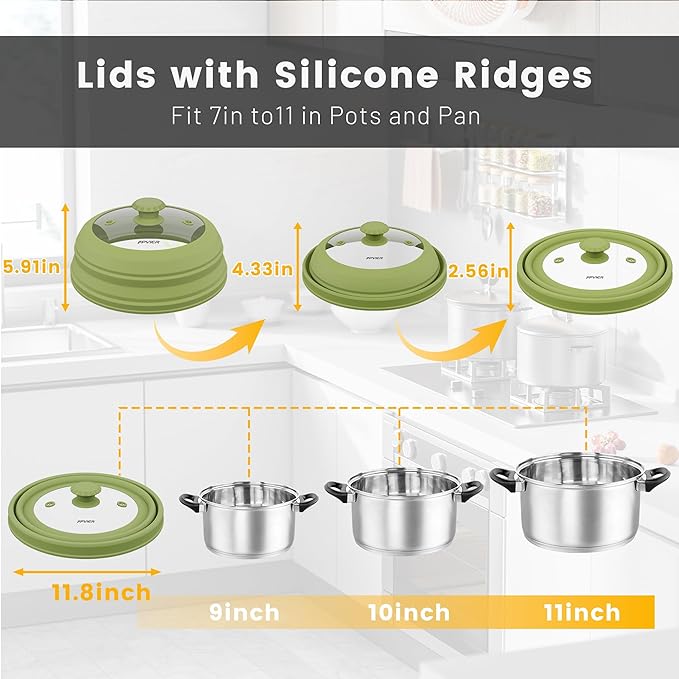 Collapsible Microwave Splatter Cover - Vented Silicone & Glass Lid with Easy-Grip Handle, Fits 6 to 11 Inch Plates & Bowls, 11.8 Inch Diameter, Prevents Splatters & Ensures Even Heating