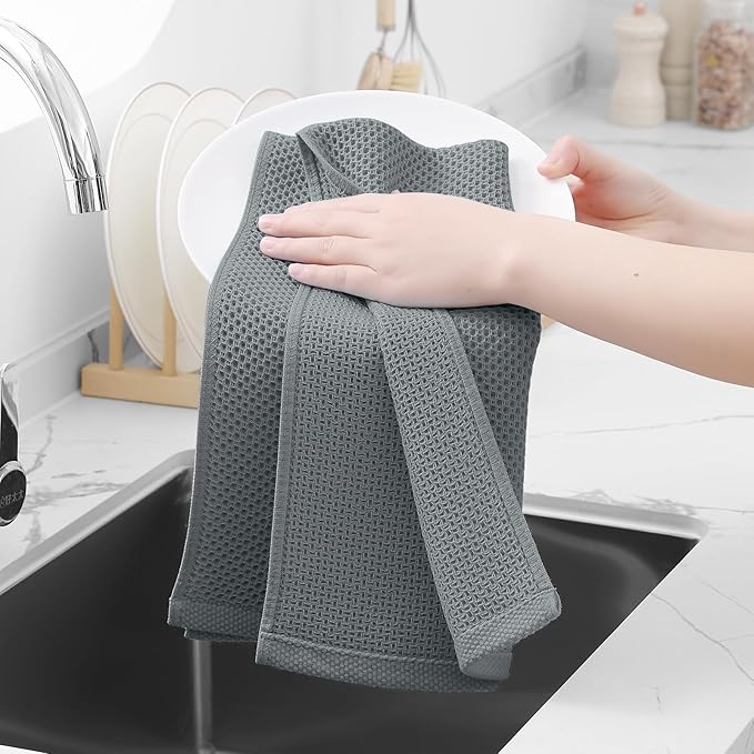 Homaxy 100% Cotton Waffle Weave Kitchen Dish Towels, Ultra Soft Absorbent Quick Drying Cleaning Towel, 13 x 28 Inches, 4-Pack, Grey