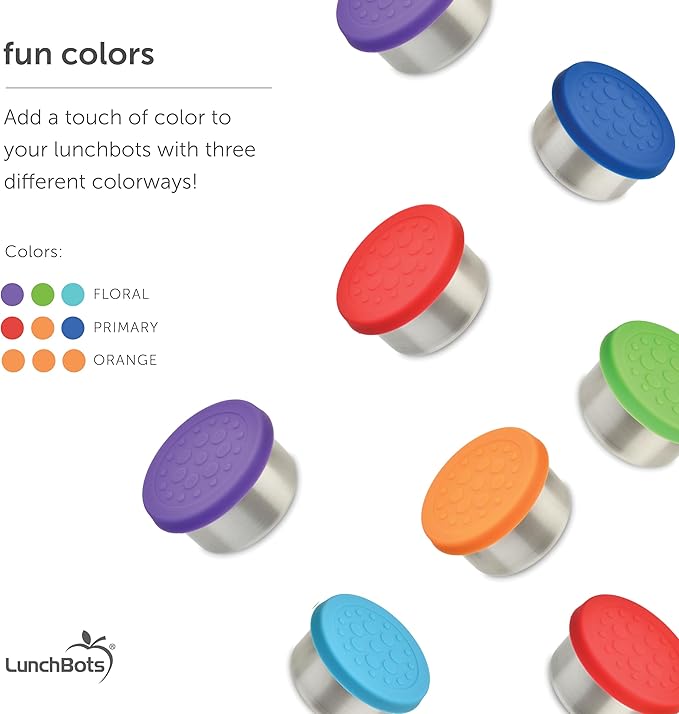 LunchBots Tiny Dips Condiment Containers - Set of 3 - Perfect Portion Cups - Spill Proof Lunch Box Sauce Container with Lid - Food Grade Stainless Steel - 1.5oz - Dishwasher Safe - Assorted Lids