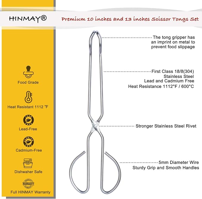 Stainless Steel Kitchen Scissor Tongs Set, 2-Piece (10/13 Inch) for Cooking, Grilling, Serving, and Barbecue