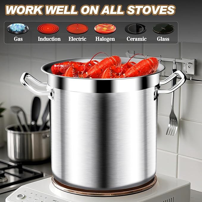 Large Stock Pot - 24QT Stainless Steel Stockpot with Lid, Heavy Duty Tri-Ply Bottom Commercial Grade Soup Pot for Cooking Soup, Stew, Pasta, Oven, Gas, Ceramic, Dishwasher Safe