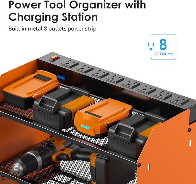 CCCEI Modular Power Tool Organizer Wall Mount with Charging Station. Garage Drill Storage Shelf with Hooks, Heavy Duty Rack, Tool Battery Holder Built in 8 Outlet. Gift for Men. Orange, 1 Pack.