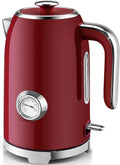 SUSTEAS Electric Kettle - 57oz Hot Tea Water Boiler with Thermometer, 1500W Fast Heating Stainless Steel Pot, Cordless LED Indicator, Auto Shut-Off & Boil Dry Protection, Red