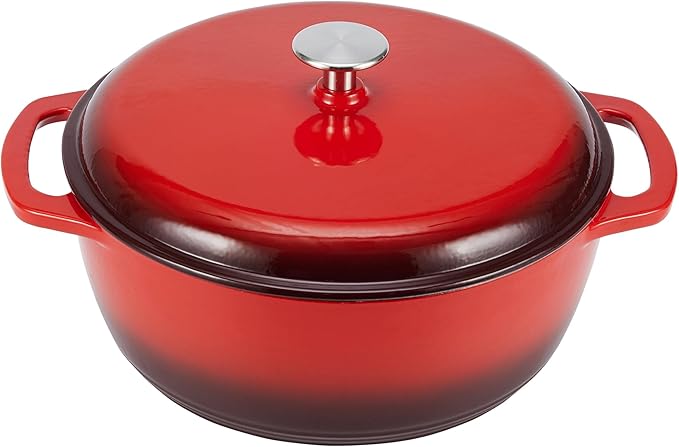 Amazon Basics Cast Iron Dutch Oven Pot with Lid, Enameled, Round, Dual Handles, Heavy-Duty, Small, 4.3-Quart, Red