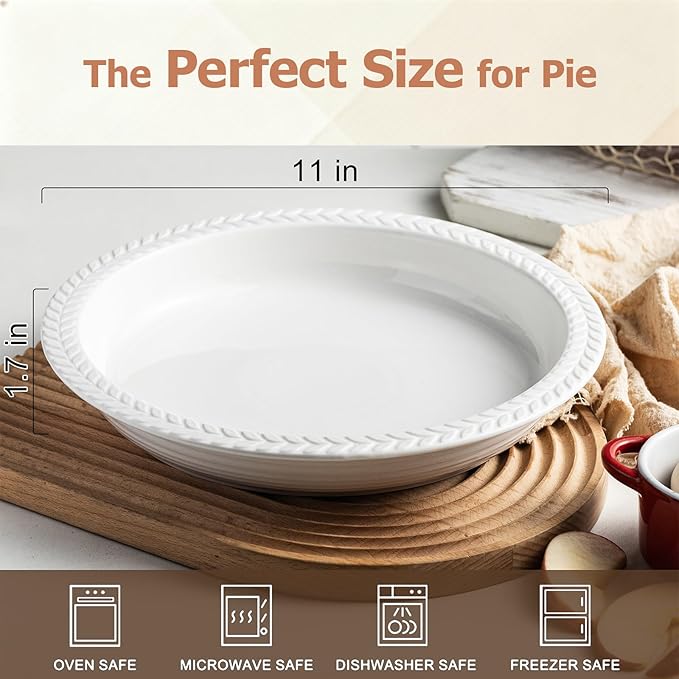 Ceramic Pie Pan Set of 2, 11 inch Round Baking Dish, Porcelain Pie Plate, Non-Stick, Oven & Dishwasher Safe, Non-Stick Pie Dish for Baking
