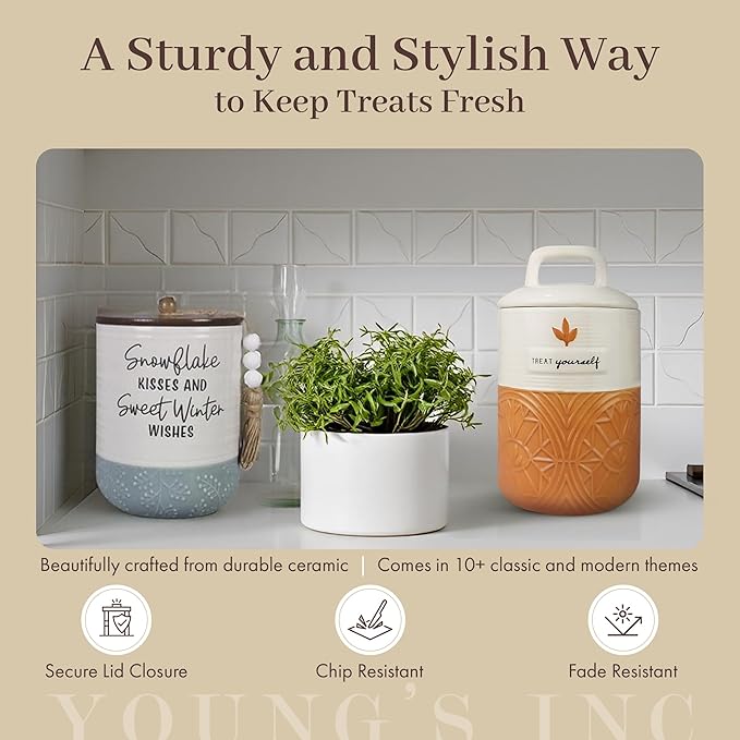 Young's Inc Ceramic Treat Jar with Lid, Joy Airtight, Cat Dog Treats, Rustic Kitchen Décor, Treats for Pets, Cookies, Candies, Decorative with Lids